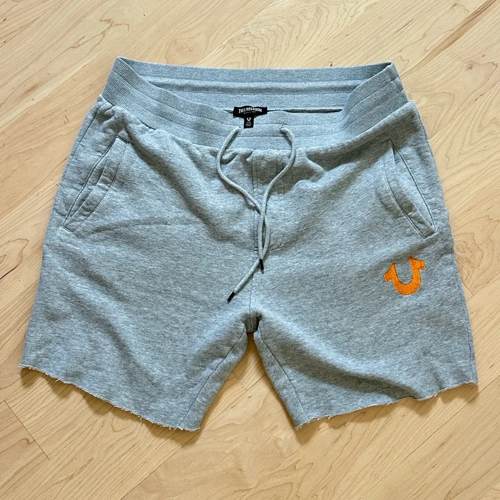 True Religion Gray Athletic Drawstring Shorts with Orange Horseshoe